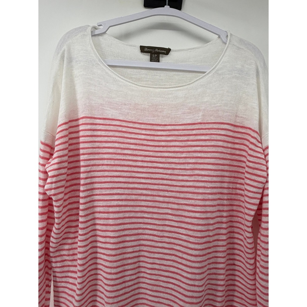 Tommy Bahama Womens Small Pink White Striped Linen Blend Scoop Neck Sweater
